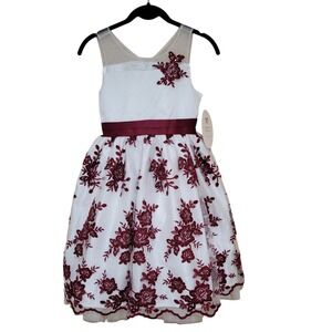 American Princess Girls White Burgundy Lace Flower Dress formal  12 wedding new